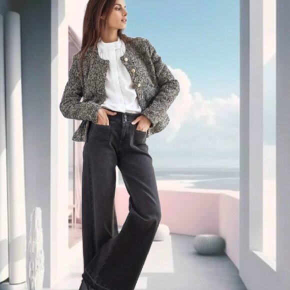 H&M Collarless Gold Buttons Long Sleeve Gray Short Blazer NEW with Tag Size M - Picture 5 of 6